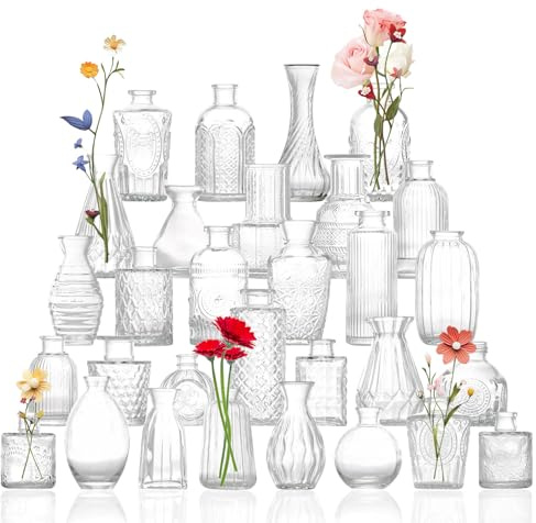 30Pcs Bud Vases Set Small Glass Vase Clear Bud Vase in Bulk Multiple Shape MIni Glass Vases for Rustic Wedding Centerpieces Table Decorations and Home Decor(Clear)