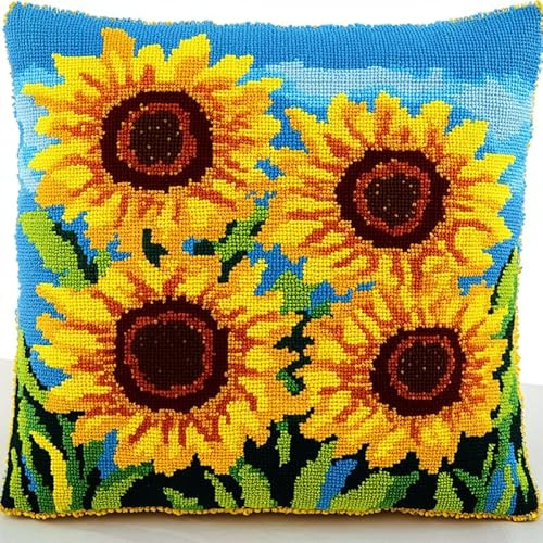 ANSIWEIGO Kit Tapisserie Coussin Point Noué 43 × 43 cm – Tournesols – Coussin DIY, Toile Imprimée & Crochet à Loquet – Toile Pré‑imprimée & Crochet à Loquet Inclus