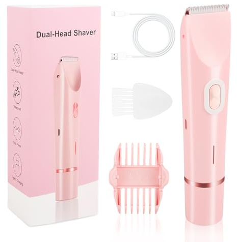 Depiladora Eléctrica 2-en-1 para Mujer, 2 Cabezales para Afeitado Preciso, IPX7 Impermeable (Húmedo/Seco), Carga USB, para Bikini, Piernas, Axilas, Rosa