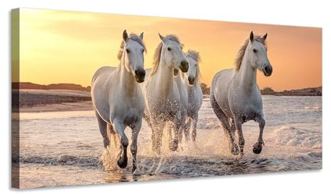 Generico Cavalli bianchi al galoppo sull’acqua - Quadro stampa su tela con telaio in legno - 140x70 cm