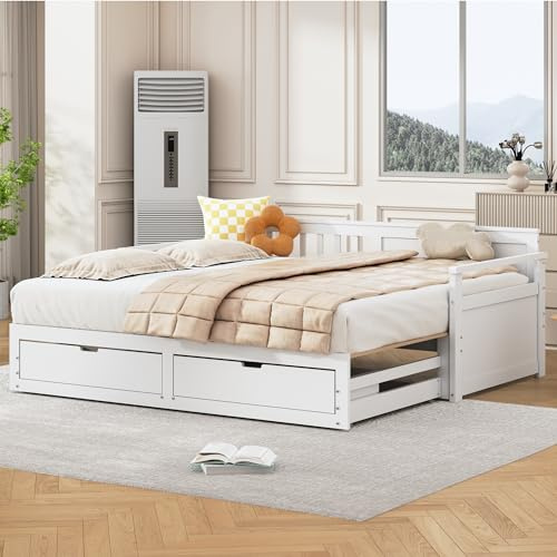 Hmdpoo Cama Multifuncional 2 en 1 Cama Nido Extensible con Cajones de Almacenamiento, Cama Individual Convertible en Doble, Madera Maciza de Pino Blanco Gris 90(180) x190 cm Sin Colchón (Blanco)