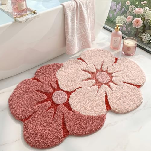 DEXI Badmatta 60 x 90 cm, halkfri absorberande badmatta med blommönster, blomformade tvättbara mattor för duschgolv, sovrum, badrumstillbehörsdekor, mjuk rosa