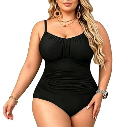 Combinaison grande taille pour femme avec bretelles réglables, bonnets en mousse amovibles et design plissé gainant