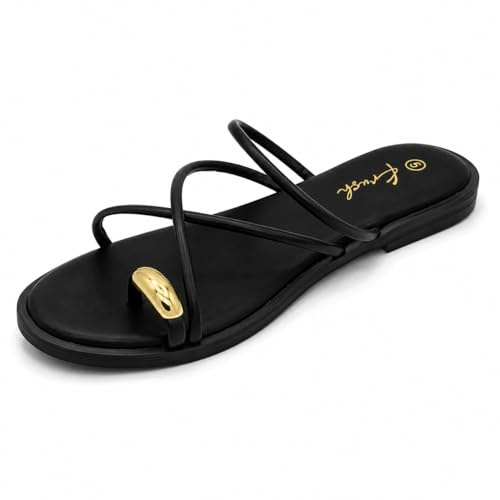 Krush Women's Strappy Flat Sandal Slider Black and Tan with Gold Feature Detail