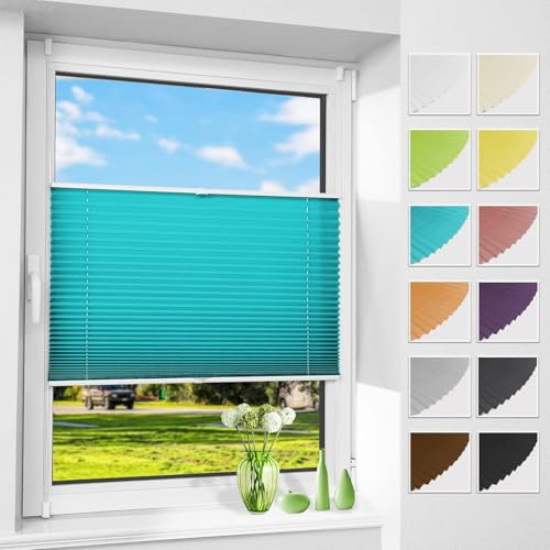 Allesin Plissee ohne Bohren Plissees Klemmfix Türkis 75x130cm(BxH), Plisseerollo Faltrollo mit Klemmträger, Jalousie Rollos für Fenster und Tür, Sichtschutz und Sonnenschutz