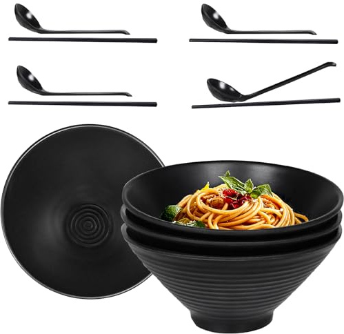 Greentainer Ramen Schüssel aus melamin-4 pcs Japanisches Geschirr Set |40 OZ (1170ml) Suppenschüsseln |Noodle Bowl mit Essstäbchen und Löffel für Salat,Große Schüssel für Kinder & Erwachene|Schwarz