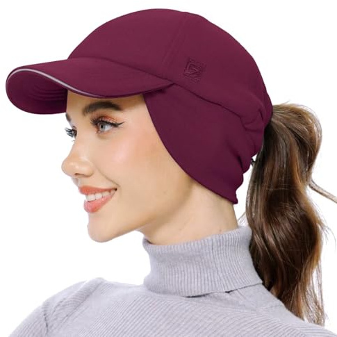 GADIEMKENSD Women's Fleece Ponytail Hat Reflective Winter Hat with Ear Warmer Cold Hat with Adjustable Headband and Flip Down Earflap Skull Cap for Outdoor Hiking Running Snow Ski Wine Red