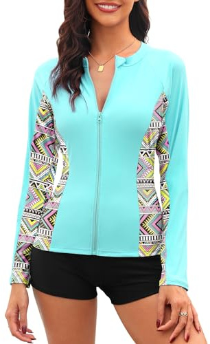 Tuopuda Rash Guard Donna Maniche Lunghe Maglietta Anti UV UPF50+ Top Protezione Solare Camicie da Bagno Asciugatura Rapida con Chiusura Lampo per Nuoto Surf Snorkeling, Aqua Blue, L