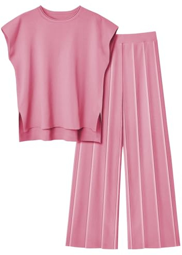 Veriliss Two Piece Outfits for Women Co Ord Sets Knited Sweater Set Tracksuit Pullover Tops Elastic Waisted Pants Lounge Wear(Pink,M)