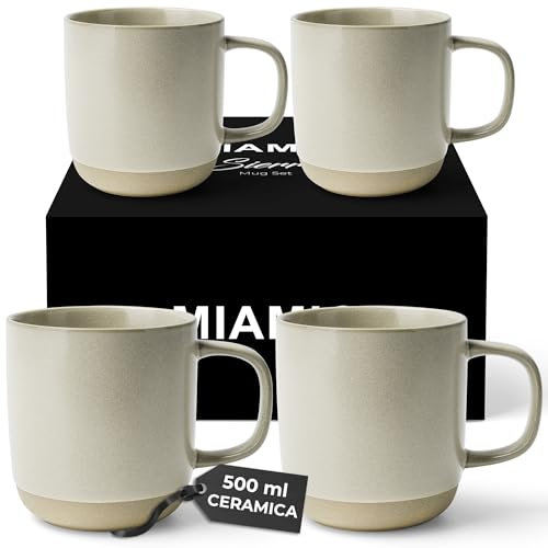 MIAMIO – Juego de 4 Tazas de Café/Tazas de Cerámica para Café (500 ml), Capuchino, Latte Macchiato, Té, Expreso/Lavavajillas y Microondas – Colección Sierra (Claro, Tazas (4x))
