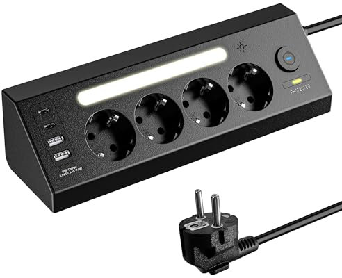 Ecke Steckdosenleiste,4 Fach Mehrfachsteckdose mit USB und 2 Type-C,90° Ecksteckdose Mehrfachstecker mit Schalter, Steckerleiste Überspannungsschutz,Wandmontage Verteilersteckdose mit LED,1.8M Kabel/S