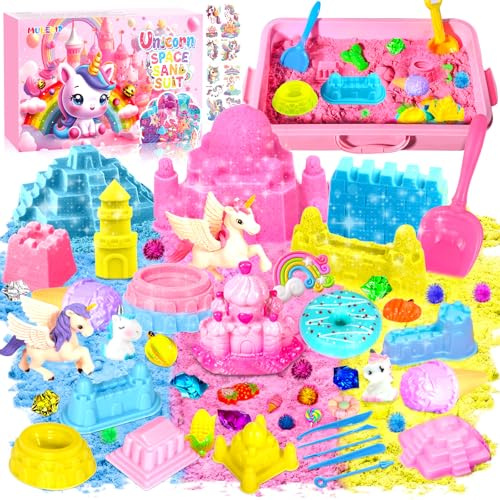 MULEVIP Magic Sand Sandbox Set 900g Magic Sand,Geschenke für Mädchen Einhorn Spielsand Koffer,Zaubersand Einhorn Spielzeug für Kinder,Schlossformen,Füllmaterial für Kinder ab 3 Jahren - Rosa