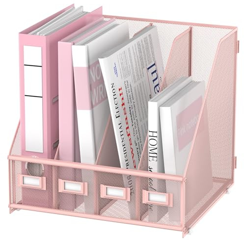 SUPEASY Magazin Aktenhalter Skrivbordsorganisatör, Metall Binderhållare med 4 vertikala fack för Kontor Hem Skola, Rosa