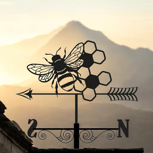 Metal Silhouette Weathervane – 65x34x29cm | Decorative Weatherproof Garden Wind Vane for Roof, Shed & Outdoor Décor – Rustic Metal Design (Apple Tree, Fairy, Bee, Cockerel, Horse) (Bee)