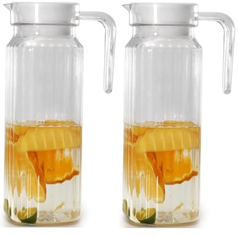 Acrylic Pitcher 37 oz, 2Pcs Unbreakable Plastic Pitcher with Lid, BPA-Free, Clear Heat-Resistant Small Plastic Water Jug for Tea, Sangria, Lemonade, Juice, Milk, Stripe