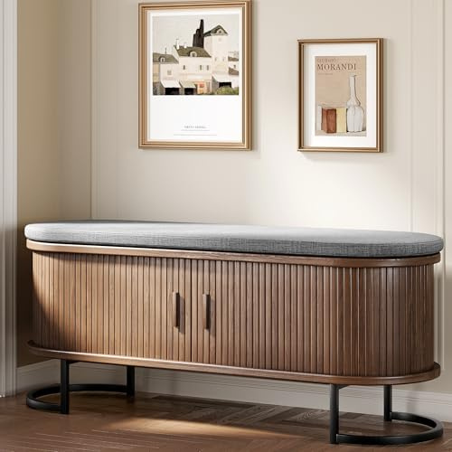 Decofy 47.2'' Entryway Storage Bench Seat with Sliding Door, Large Shoe Bench with Sturdy Metal Feet & Soft Cushion, Multi-Scene Use for Entrance, Bedroom & Living Room（Walnut）