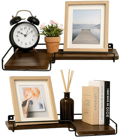 Innoteck Floating Corner Shelves Set of 2 – L-Shaped Industrial Wall Shelves, Rustic Brown and Black, Sturdy Steel, Space-Saving Corner Shelf for Bedroom, Kitchen, Living Room, 40x29x4 cm