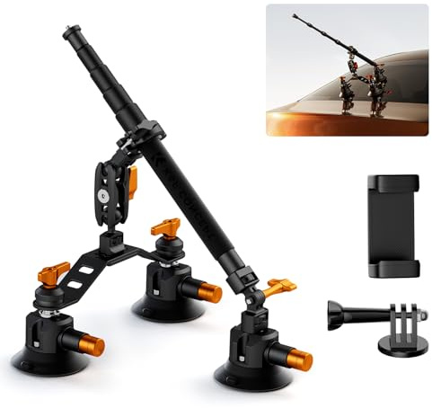 K&F CONCEPT Support Caméra Voiture à 3 Ventouses 3 avec Perche Extensible et Bras Magique 360° – Fixation Vacuum Sécurisée pour GoPro, Insta360, Smartphone – Accessoire Photo Vidéo Auto