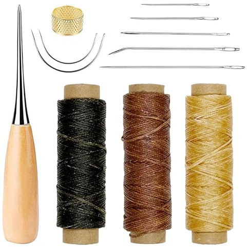 JMZLLRX Set di Strumenti in Pelle per Artigianato, Kit Ago da Cucire in Pelle con Filo Cerato, Aghi da Cucito a Mano per DIY Cucitura Artigianato, 12 Pz
