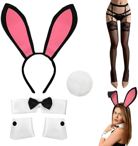 PBAHAUP Costume de Lapin pour Femmes, Set Diadème Oreilles de Lapin Noeud Papillon et Manchettes, Queue de Lapin pour Fête de Pâques et Carnaval, Polyvalent pour les Fêtes Costumées