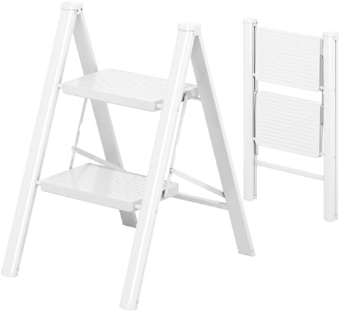 KINGRACK échelle Pliante 2 marches sans Rampe, 150 kg Blanc