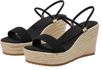 Générique Sandali da donna con zeppe, estivi, comodi, espadrillas, piattaforma con tacco a molle, punta aperta con cinturino elastico, sandalo antiscivolo, scarpe facili da indossare, Le Noir, 35 EU