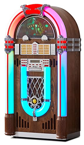 ARKROCKET Saturn V Jukebox Vinyl Record Player • USB • SD • AUX • AM/FM Radio • MP3 • CD-Player • Rainbow LED Light Up • 50s Classic Style • Full Size Floor Standing Retro Style - Dark Oak