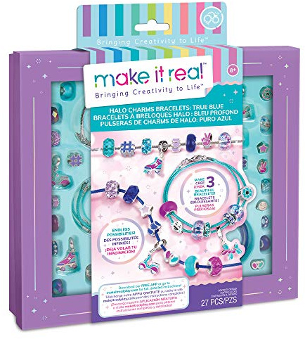 Make It Real Blaues Freundschaftsband-Bastelset mit Halo-Anhängern & Perlen! – Mädchenschmuck – Kunst- und Bastelarbeiten für Kinder