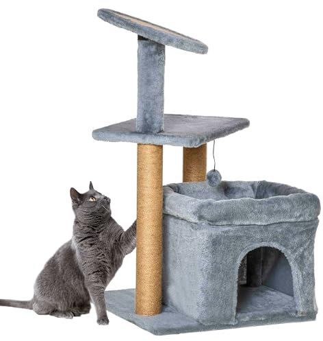 PawHut Cat Tree Tower for Indoor Cats, Cat Scratching Post with Bed, Cat House, Scratching Pad, Perch, Interactive Ball Toy 48 x 48 x 84cm, Grey