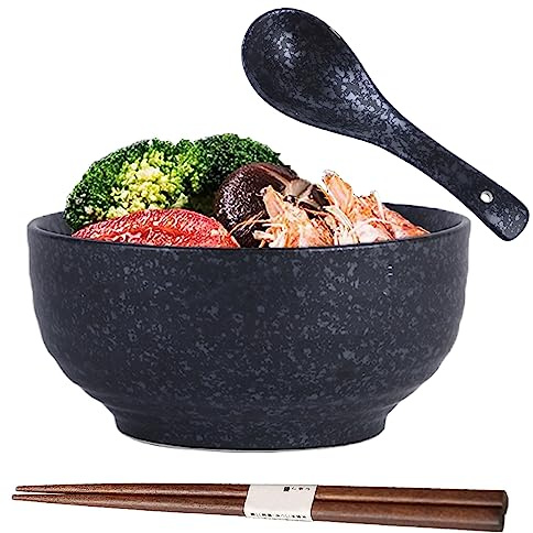 TuYines Bol à Ramen Japonais,Bol Japonais avec Cuillère et Baguettes,Bol Ramen en Porcelaine,Bol de Nouilles Instantanées,Bols à Soupe,Vaisselle Japonaise,pour Pâtes,Salade,l'Udon (Style E)