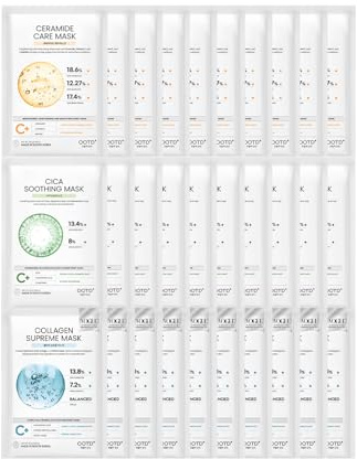 #OOTD Hydrating Soothing Sheet Masks Gift Set for Skincare, Korean Vegan Sheet Mask for Dry, Sensitive Skin, Calming, Smoothing, Brightening, Collagen, Ceramide, Cica, Hyaluronic Acid 30EA