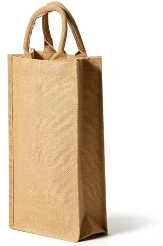 Dual Dou Jute Burlap 2-Bottle Wine Tote with Soft Cotton Handles