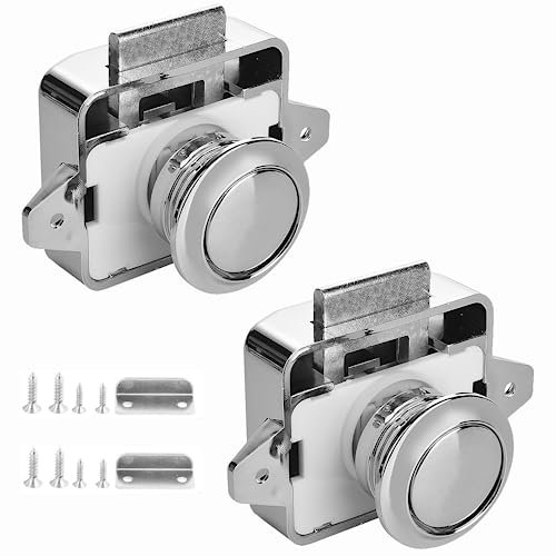 2 Pack Push Button Latches Locks Replacement Keyless Door Lock Keyless Cabinet Door Catch Lock for Caravan Motorhome Camper Van Latch Cupboard (Sliver)