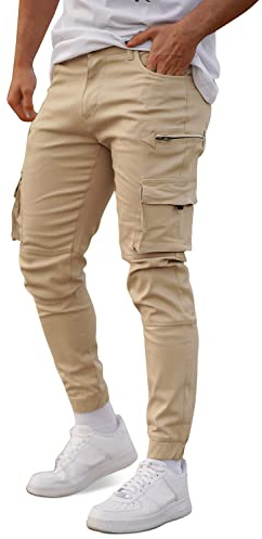 GINGTTO Men's Cargo Joggers Pants Slim Fit Heavyweight Outdoor Trousers for Men UK with Pockets Light Khaki 30