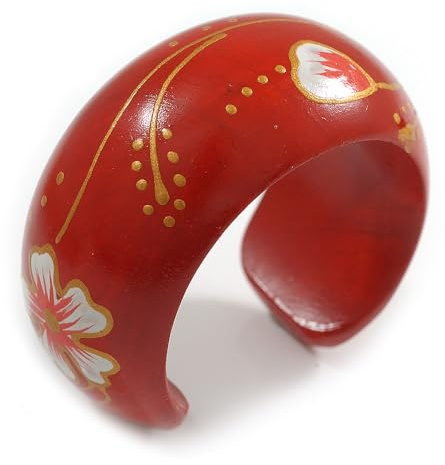 Avalaya Bracciale rigido in legno con motivo floreale rosso, con possibili irregolarità naturali, taglia L