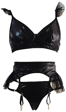 Satohom Women’s Sexy Patent Leather Mesh Stitching Lingerie 3 Pieces Push Up Bra Tops and Wet Look Panty with High Waist Adjustable Garter Belt No Stockings Plus Size Corset Underwear Sets Black