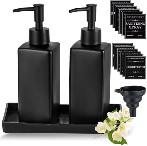 MirraSwit Black Glass Soap Dispenser with Tray, 350ML Square | Soap and Hand Cream Dispenser Set Soap, Black Glass for Kitchen, Waterproof Labels for Bathroom, Kitchen