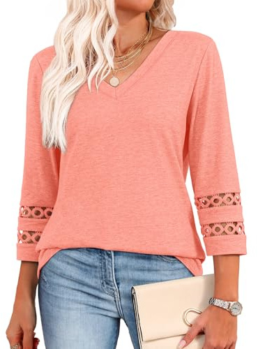 Aokosor Womens Tops 3/4 Length Sleeve Blouses Ladies V Neck T Shirts for Women UK Loose Casual Fit