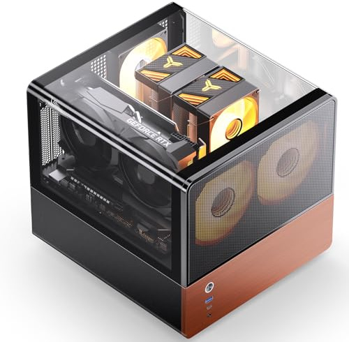 JONSBO V12 Black Micro ATX Mid Tower PC Case, Hyperboloid Glass Desktop Design, Separated Cabinet Structure,Walnut Wood,MATX Desktop Computer Chassis, GPU<260mm,ATX PSU,Front 120mm*2(Built-in) Black