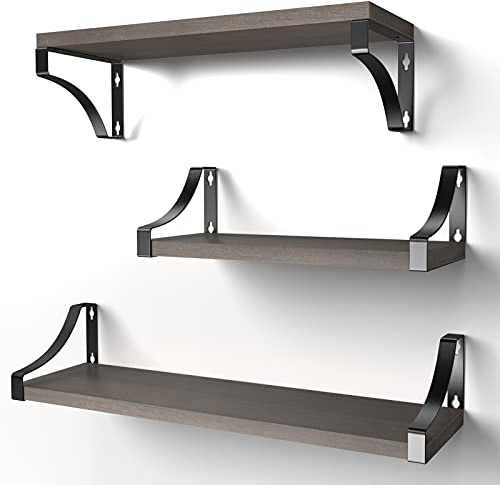 Pipishell Floating Shelves Wall Mounted Shelf, Paulownia Wood Wall Shelves, Wooden Shelves Set of 3 for Bedroom, Bathroom, Living Room, Kitchen, Home Office, Laundry room,etc (Dark Brown)
