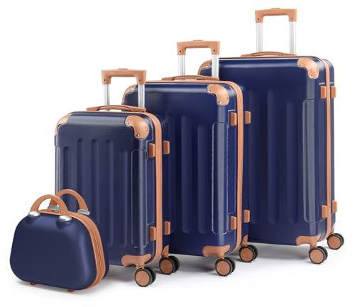 LALAHO Set de 4 Valises avec Vanity Case, Valise Grande Taille & Cabine, Petite Valise, ABS avec Coins Renforcés, roulettes Pivotantes 360° (Marine-Marron)