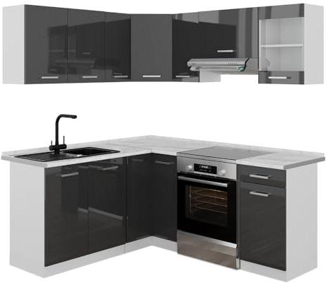 Vicco Cucina angolare completa Rick, Antracite lucido/bianco, 190 x 60 cm, PL Marmo, con elementi modulari espandibili per una pianificazione flessibile della cucina