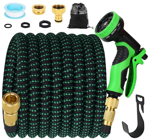 100FT Expandable Garden Hose Garden Hose with 10 Function Nozzles, Equipped with 3/4 Inch and 1/2 Inch Fittings Flexible Water Pipe Leak Proof Telescopic Hose for Gardening Car Washing and Yard Use