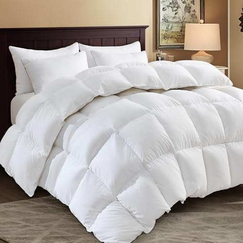 SHOUREN White Luxurious Goose Feather Down Fiber Comforter, All Season Hotel Collection Bed Comforter，Ultra Soft 100% Cotton Duvet Insert with Corner Tabs, King Size 106x90