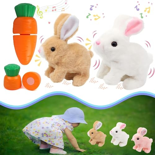 UVAAKZ Bunny Stuffed Animal Plush, Interactive Electronic Pet Hopping Bunny Toy, Realistic Stuffed Bunny Rabbit for Kids (Brown & White)