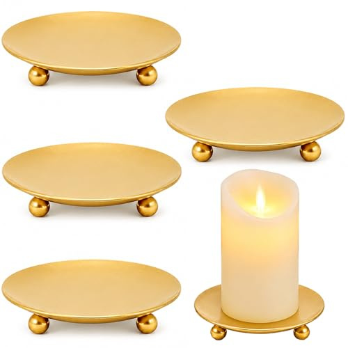 4 Pcs Gold Candle Holders, 9 cm Metal Candle Plates for Pillar Candles