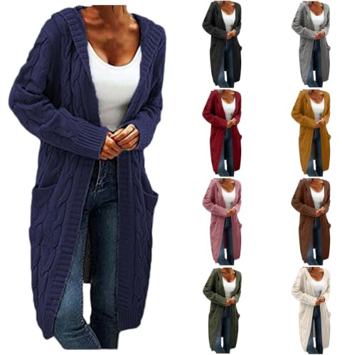 Generisch Cardigan long à capuche pour femme - Manches longues - Avec poches - Grosse maille - Ouvert sur le devant - Pour l'automne et l'hiver - Style décontracté - Couleur unie - Veste demi-saison