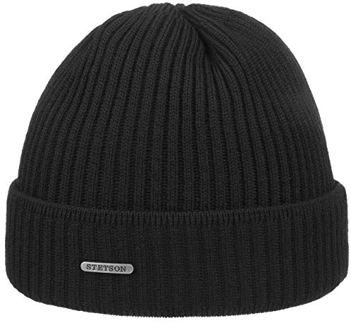 Stetson Parkman Mütze Strickmütze Umschlagmütze Rippmütze Damen Herren Made in EU Herbst Winter 100% Merinowolle schwarz One Size