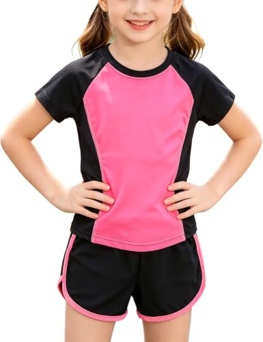 Echinodon Mädchen Sport-Set 2tlg Schnelltrockend T-Shirt + Shorts Trainingsanzug für Jogging Yoga Sommer Sportanzug Rot 120