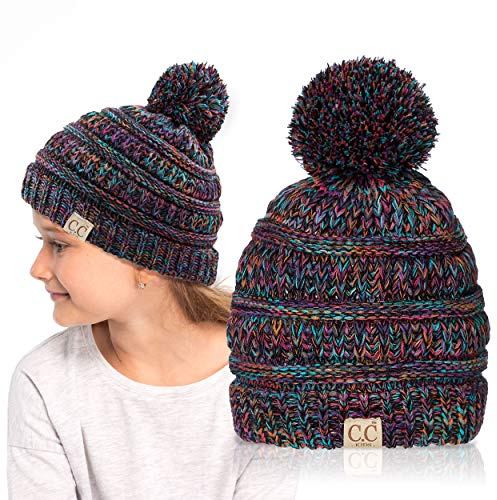 C.C Kids Beanie Ages 2-7 Warm Chunky Thick Stretchy Knit Slouch Beanie Skull Kids Hat with Pom (Blackmulti Mix)